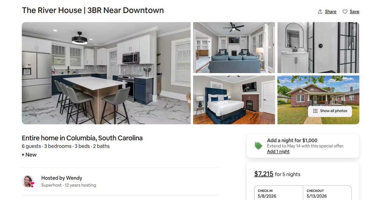 This screenshot shows an Airbnb rental in the Columbia area