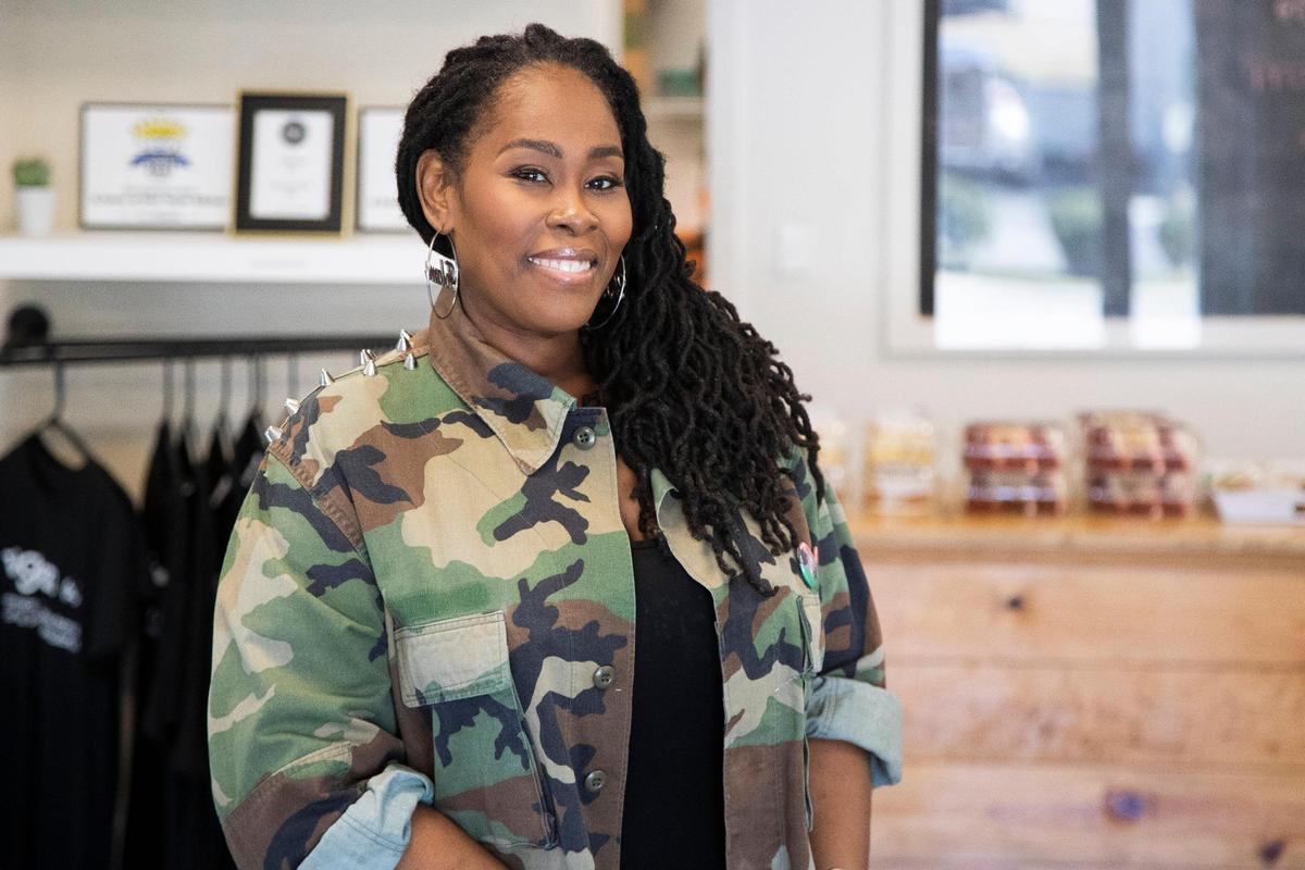 Folami Geter at her restaurant, A Piece of Soul Vegan Kitchen, on Friday, February 25, 2022.