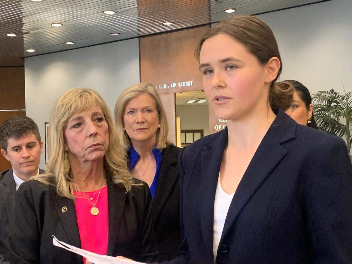 Taylor Shelton, who lives in the lowcountry, speaks to reporters at the Richland County Courthouse on Thursday, May 2, 2024, about how she had to travel to North Carolina to have an abortion because she could not schedule an appointment in time to have an abortion in South Carolina.
