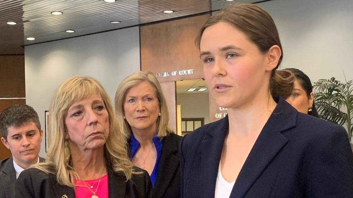 Taylor Shelton, who lives in the lowcountry, speaks to reporters at the Richland County Courthouse on Thursday, May 2, 2024, about how she had to travel to North Carolina to have an abortion because she could not schedule an appointment in time to have an abortion in South Carolina.