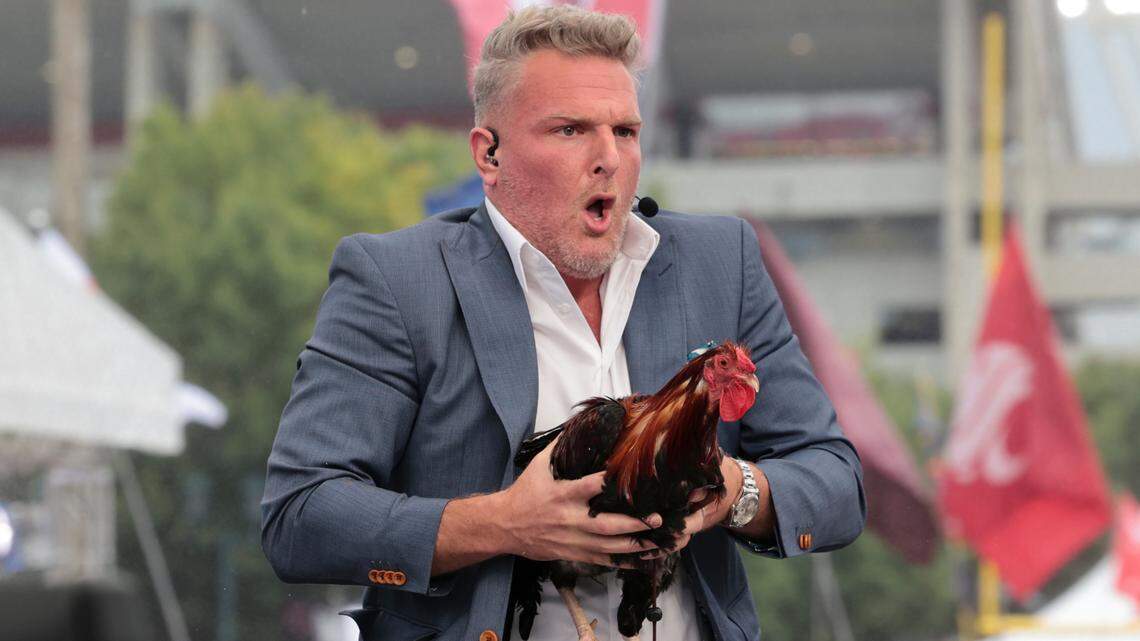 Pat McAfee holds Sir Big Spur during the broadcast of ESPN College Gameday at Gamecock Park on Saturday, Sept. 14, 2024.
