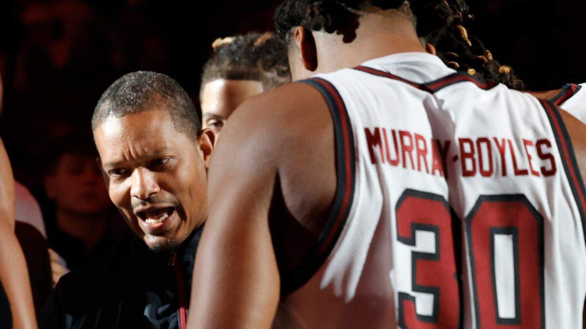 South Carolina head coach Lamont Paris talks to his team before they play Vanderbilt at Colonial Life Arena on Saturday, February 10, 2024.