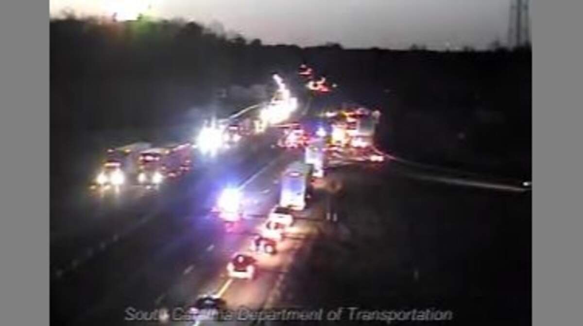 This screen grab from the South Carolina Department of Transportation shows an overturned tractor-trailer backing up traffic.