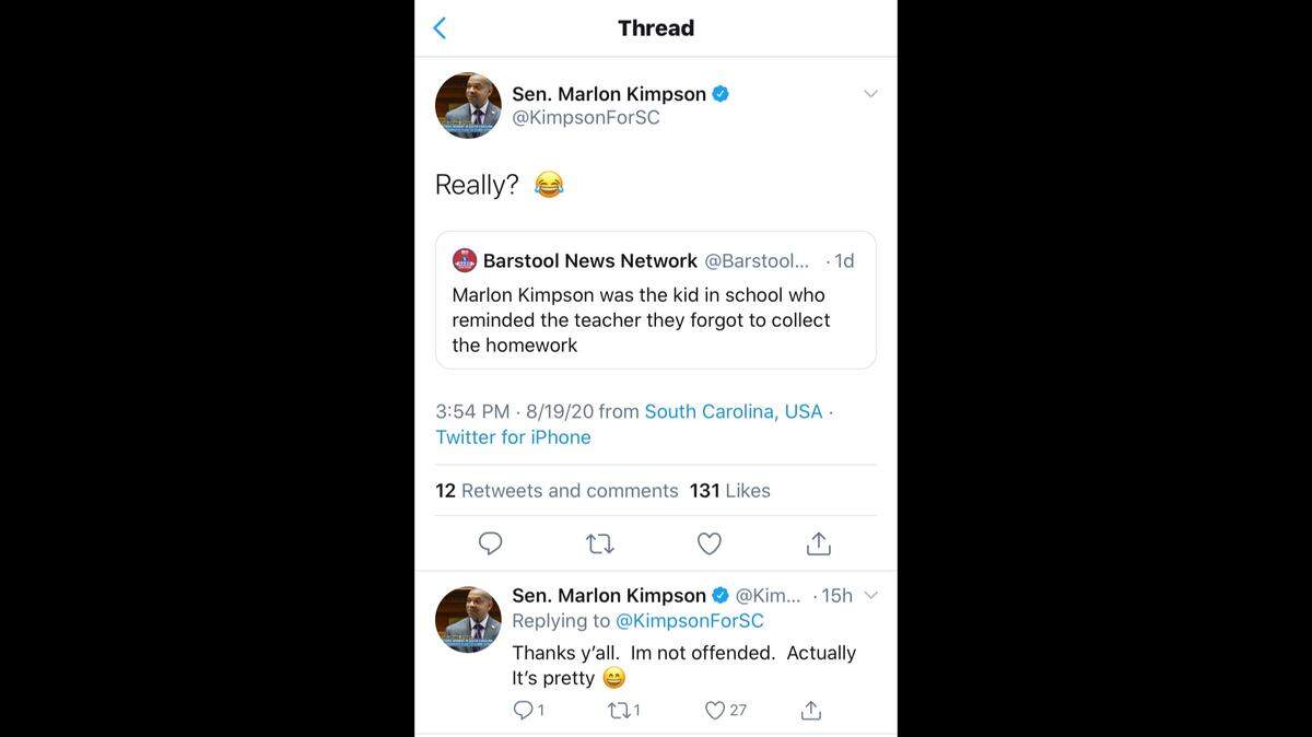 State Sen. Marlon Kimpson, D-Charleston, responds on Twitter to a lighthearted tweet from the Barstool News Network.