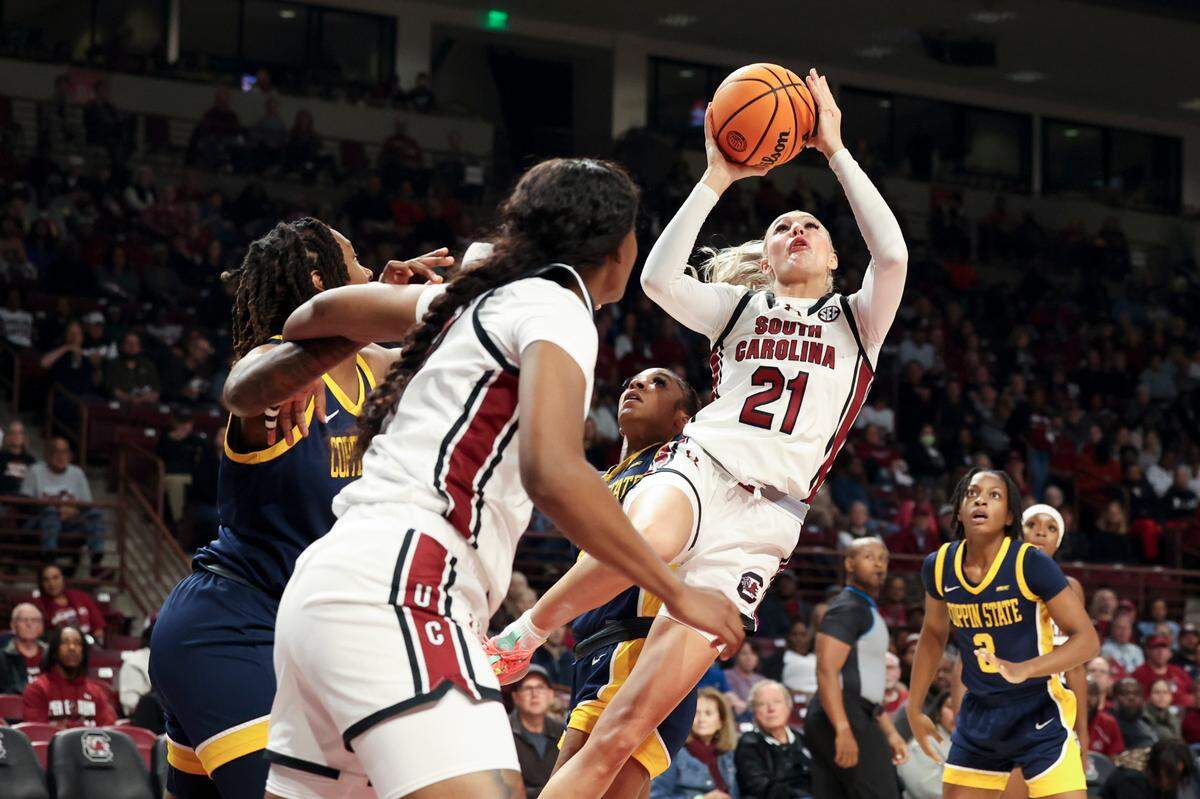 University of South Carolina forward Chloe Kitts (21) shoots during the first half of action against Coppin State in the Colonial Life Arena on Thursday, Nov. 14, 2024