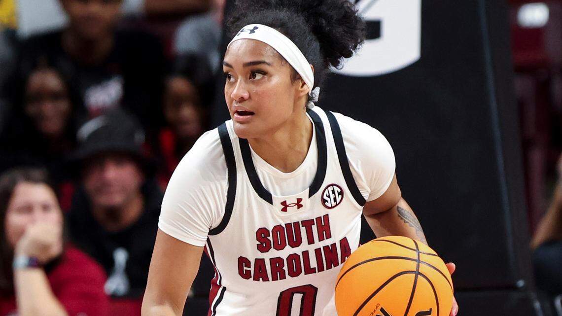 University of South Carolina guard Te-Hina Paopao (0) moves the ball downcourt during the first half of action against Clayton State in the Colonial Life Arena on Monday, Oct. 28, 2024.