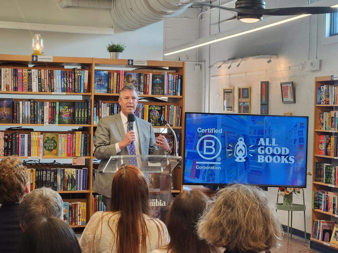 Columbia Mayor Daniel Rickenmann speaks on April 23, 2026 at All Good Books on Harden Street in Five Points.