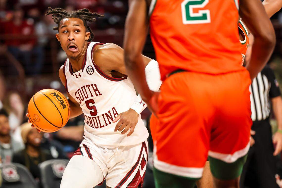 South Carolina Gamecocks guard Meechie Johnson (5) drives against the Florida A&M Rattlers in the first quarter at Colonial Life Arena.