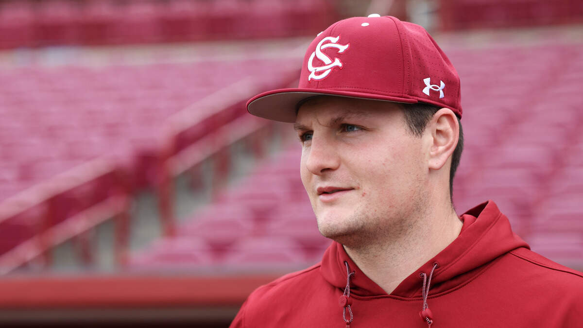 Hudson Lee (28) of South Carolina answers questions during Media Day at Founders Park in Columbia on Thursday, January 22, 2026.