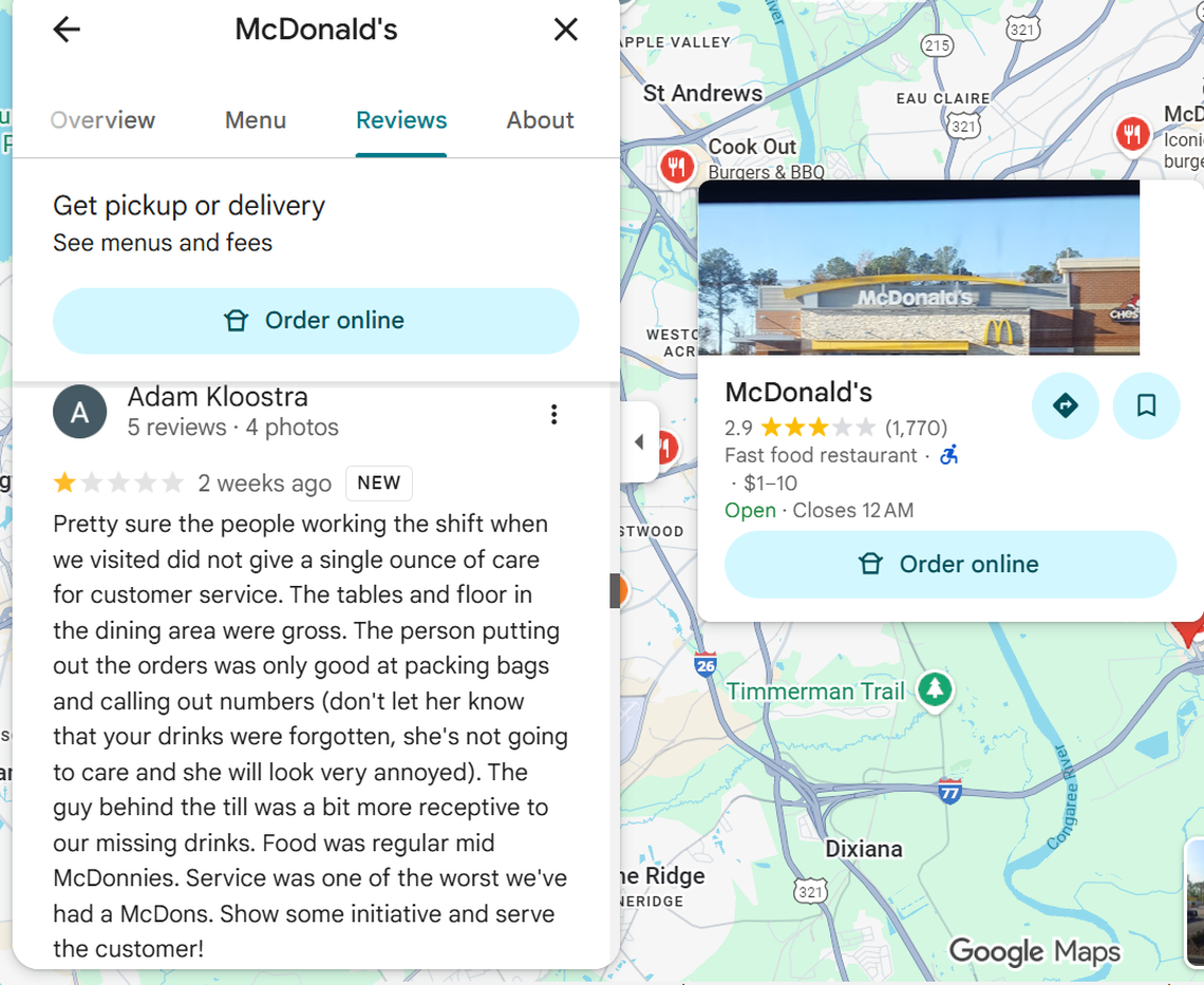 Google Maps review for McDonald’s on 2015 Bluff Road.
