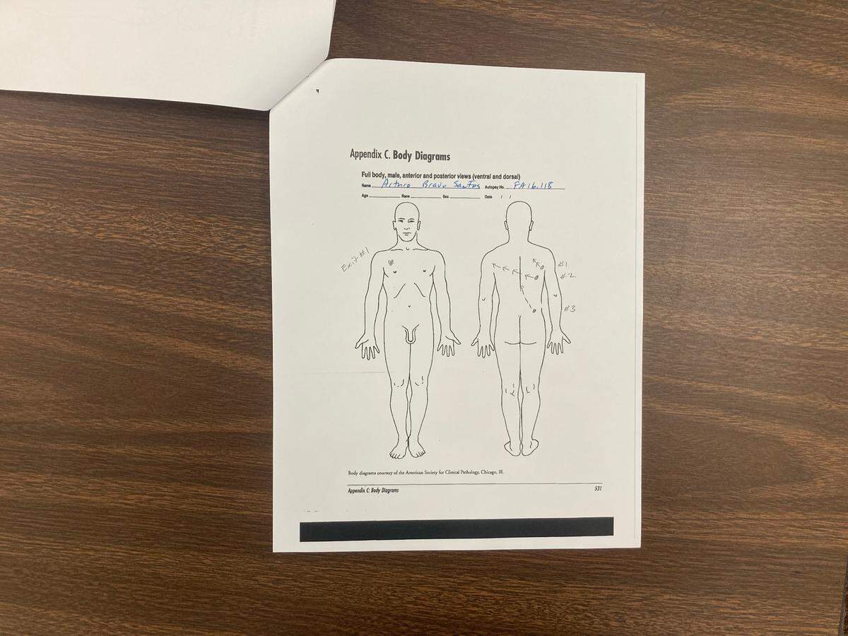 A diagram showing the trajectory of the bullet wounds suffered by Arturo Bravo Santos that was entered in the record during Greg Leon’s murder trial on June 23, 2023 in Lexington County.
