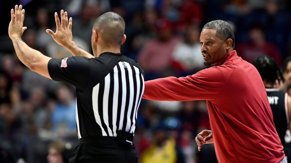 South Carolina head coach Lamont Paris talks with an official during a NCAA college basketball first round game against Arkansas at the men’s Southeastern Conference Tournament Wednesday, March 12, 2025, in Nashville, Tenn.