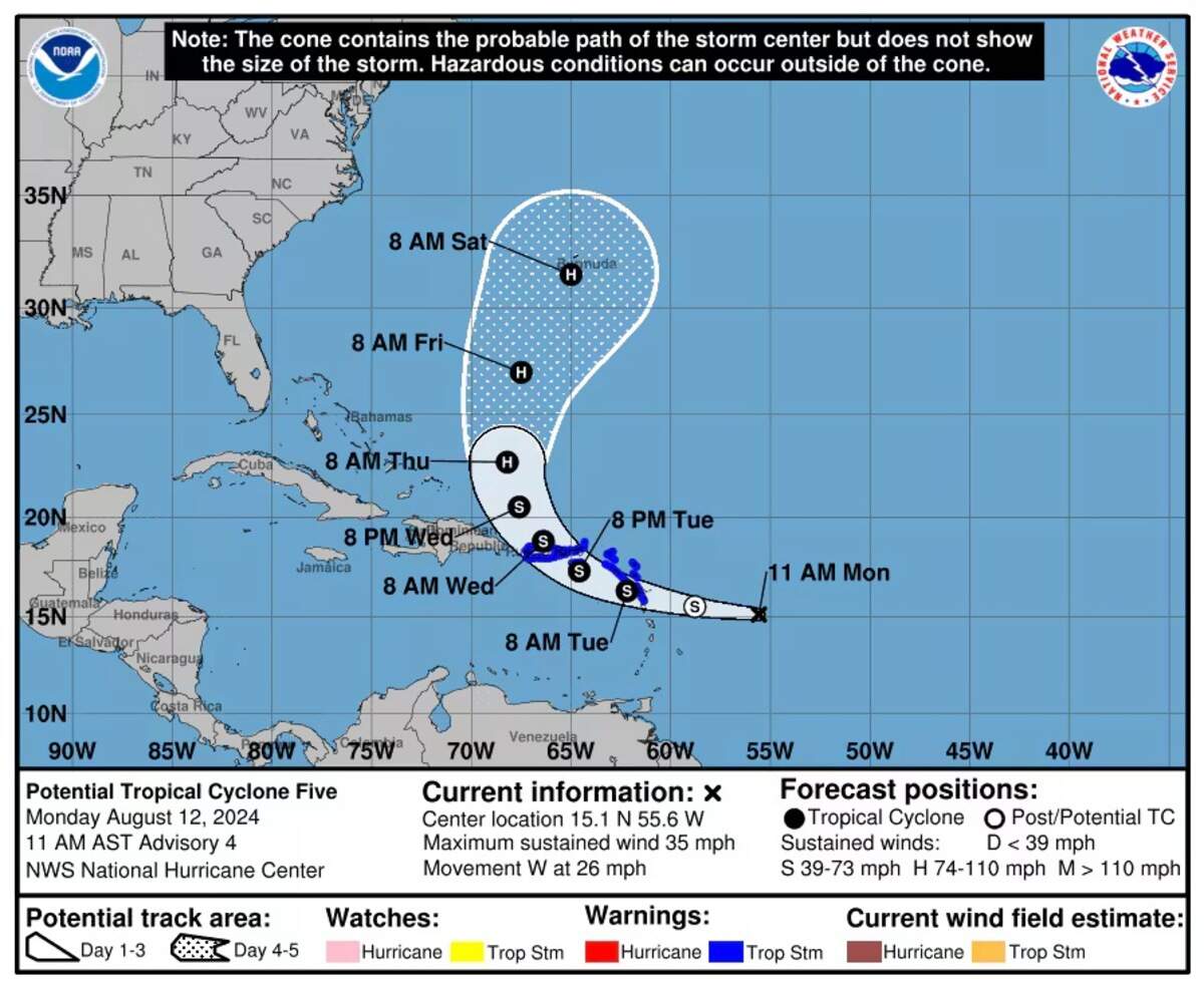 A map showing the projected path of Tropical Storm Ernesto.