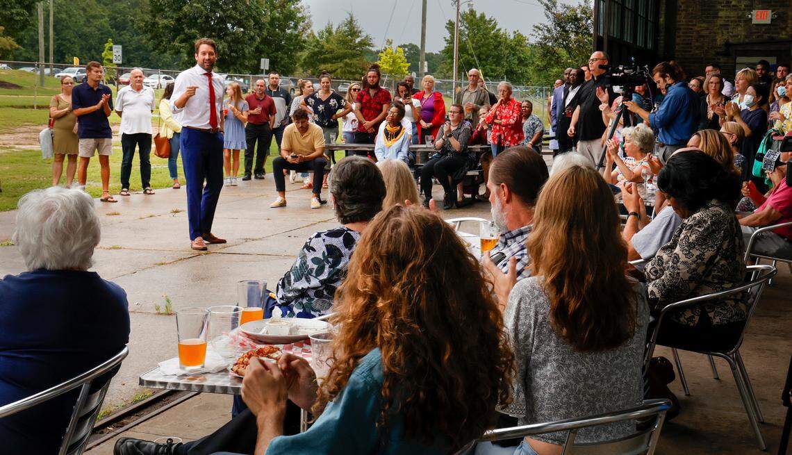 Democratic gubernatorial candidate Joe Cunningham speaks to supporters at the Hunter Gatherer Brewery during a campaign stop on Thursday, Aug. 25, 2022.