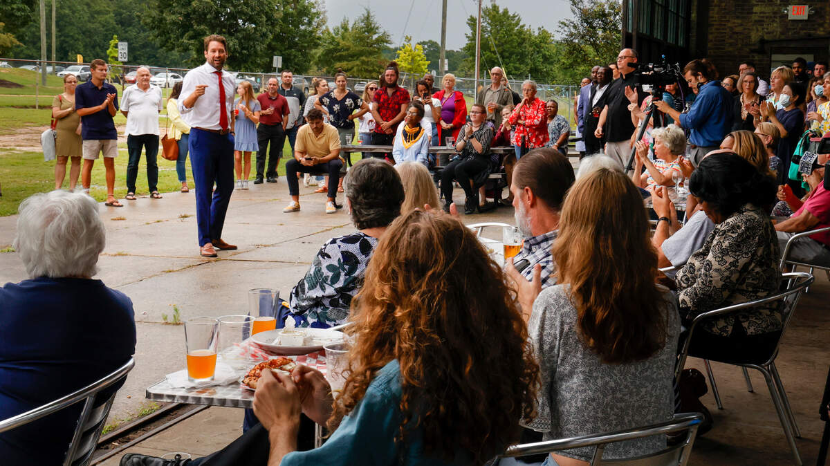 Democratic gubernatorial candidate Joe Cunningham speaks to supporters at the Hunter Gatherer Brewery during a campaign stop on Thursday, Aug. 25, 2022.