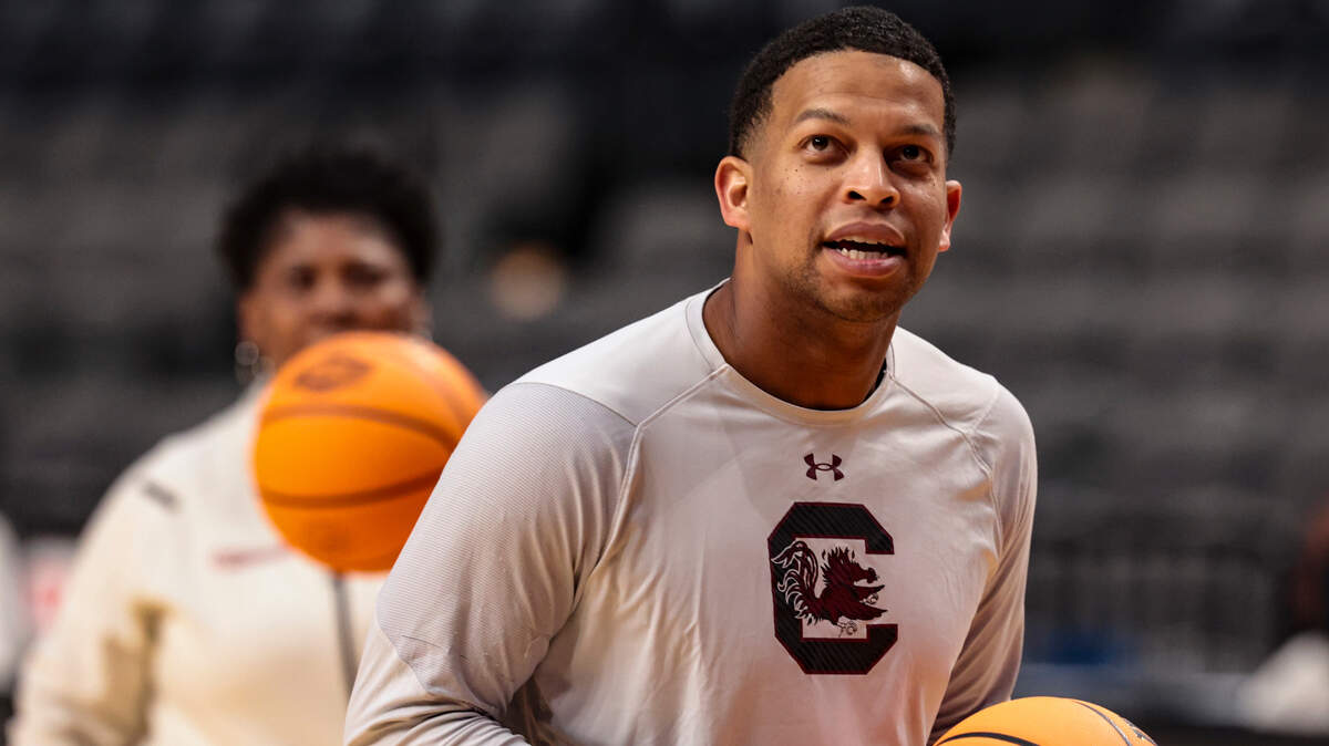 University of South Carolina Assistant Coach Winston Gandy leads the Gamecocks through practice at the Legacy Arena in Birmingham on Thursday, March 27, 2025. The Gamecocks will play the Maryland Terrapins in the Birmingham 2 regional of the NCAA Tournament at Legacy Arena.