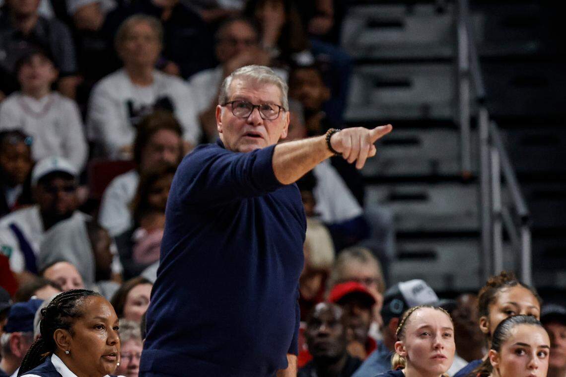 University of Connecticut head coach Geno Auriemma watches his team play USC during the first half of action in the Colonial Life Arena on Sunday, Feb. 11, 2024