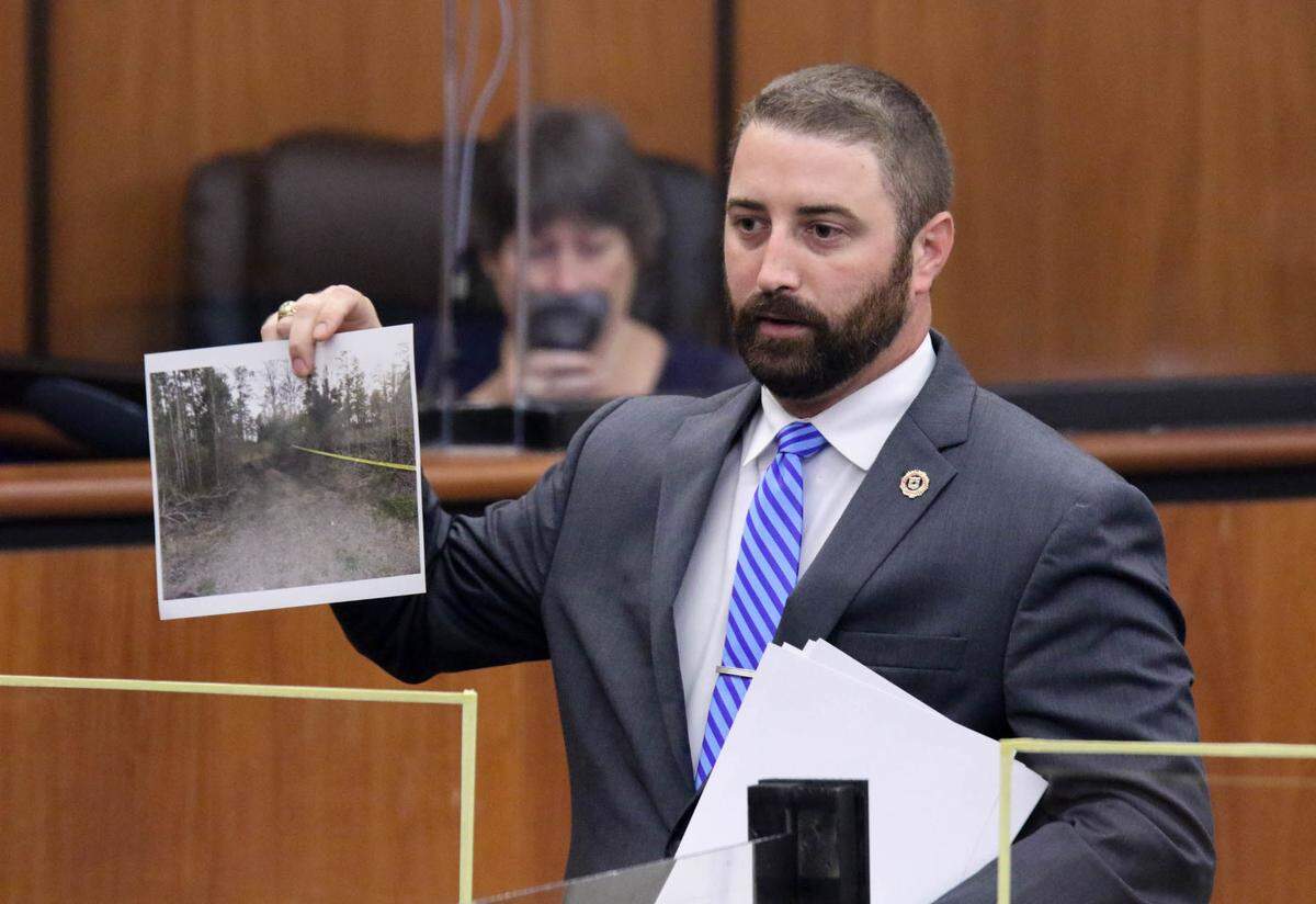 SLED investigator Todd Shank shows the jury a photograph of Black Bottom Road during the trial of Nathaniel Rowland on Wednesday, July 21, 2021 in Richland County Circuit Court. The location in Clarendon County is where hunters found Samantha Josephson.