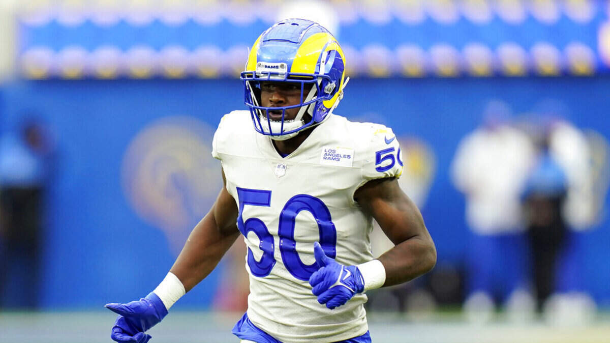 Los Angeles Rams linebacker Ernest Jones (50) runs during the second half of an NFL football game against the Tampa Bay Buccaneers on Sunday, Sept. 26, 2021