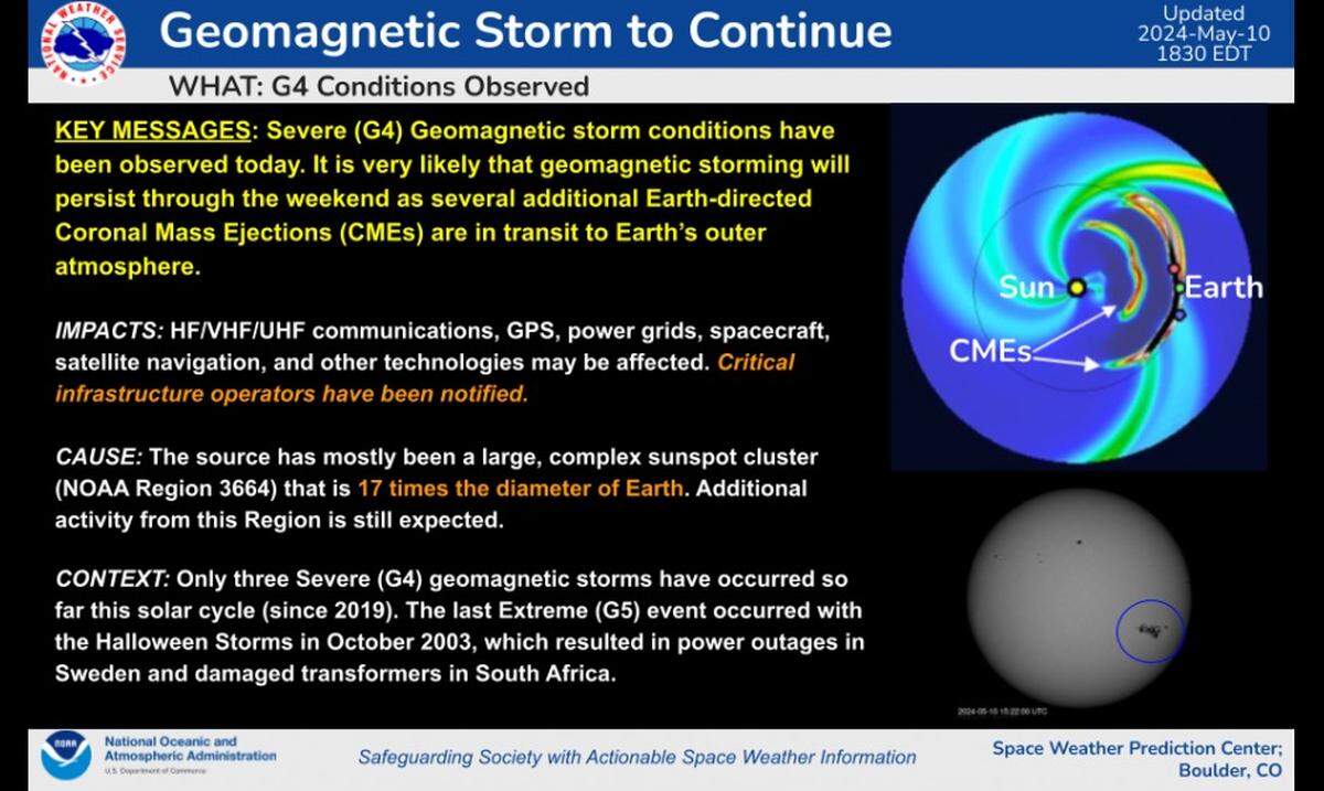 The geomagnetic storm that’s causing the northern lights to glow farther south than usual is expected to persist through the weekend.