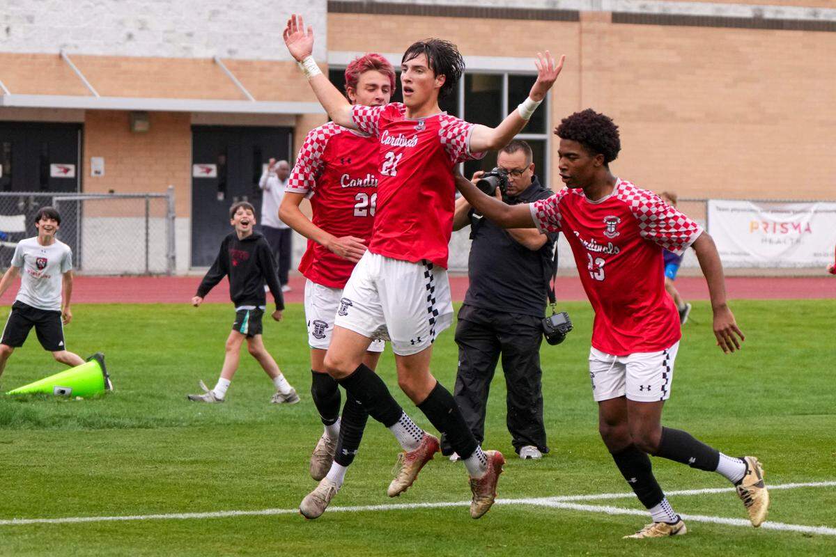 Tanner Battafarano celebrates a goal in the first half during the SCISA Class 4A State Boys Soccer Championship game of Cardinal Newman vs Porter Gaud on May 10, 2025 in Columbia, South Carolina
