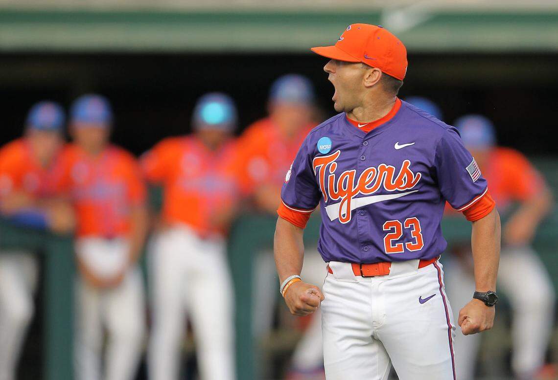 Clemson head coach Erik Bakich gets the crowd fired up after being ejected from the game during NCAA Super Regionals action on Sunday, June 9, 2024 in Clemson, S.C. (Travis Bell/SIDELINE CAROLINA)