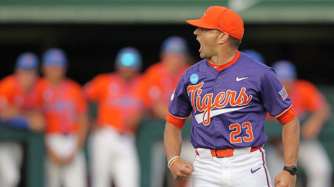 Clemson head coach Erik Bakich gets the crowd fired up after being ejected from the game during NCAA Super Regionals action on Sunday, June 9, 2024 in Clemson, S.C.
