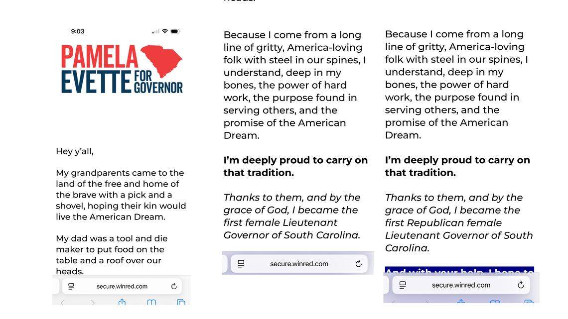 A fundraising landing page for Lt. Gov. Pamela Evette’s campaign for SC governor incorrectly said she was the first female lieutenant governor. The page was corrected to say she is the first Republican female lieutenant governor after a reporter reached out to the campaign.