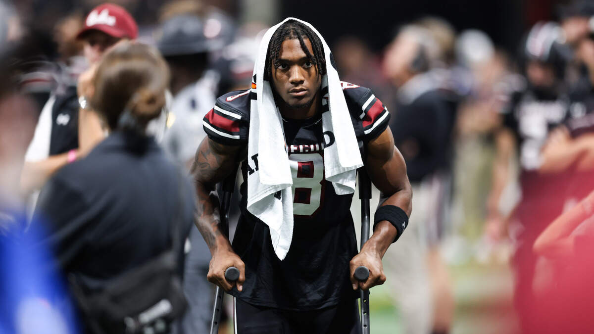 South Carolina defensive back Judge Collier (8) is seen on the sideline Sunday at Mercedes-Benz Stadium in Atlanta. The Gamecocks and Hokies faced off Aug. 31 in the 2025 Aflac Kickoff Game.