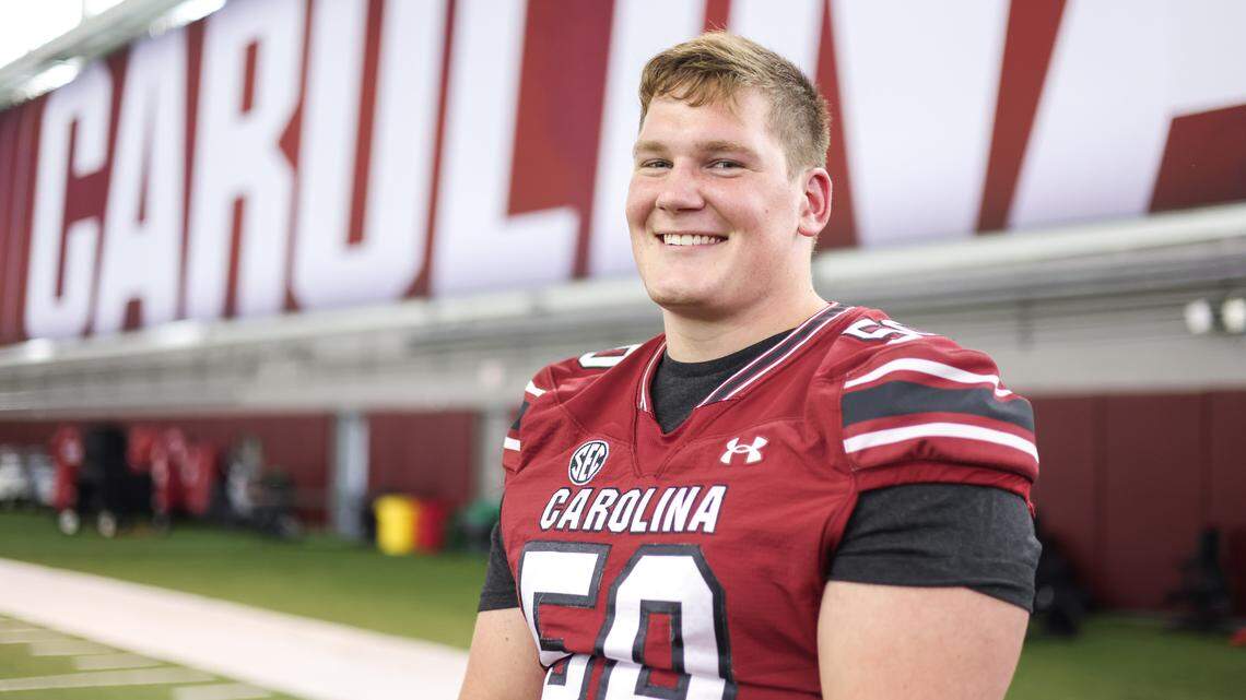 South Carolina offensive lineman Boaz Stanley (50) is seen during Media Day in Columbia on Thursday, July 31, 2025.