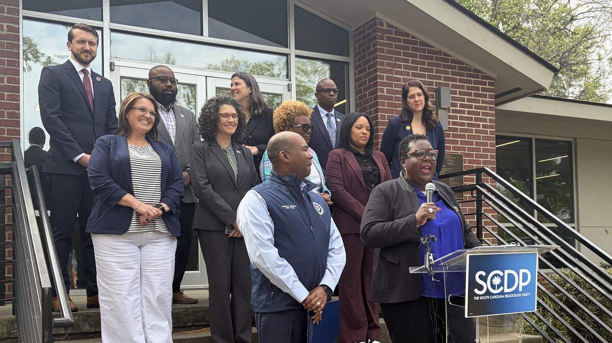 South Carolina Democratic Party chair Christale Spain celebrates the party’s election recruitment efforts during a press conference March 31, 2026. 