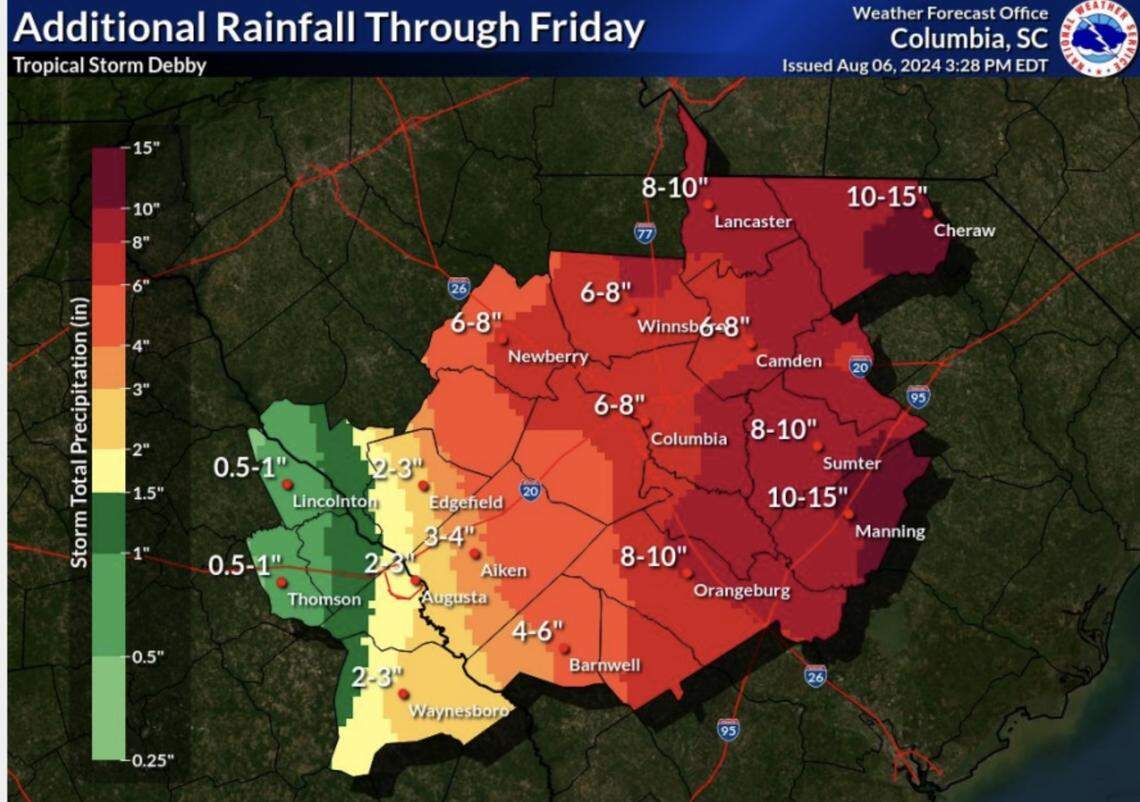 A map showing expected rainfall totals in the Columbia area from Tropical Storm Debby.