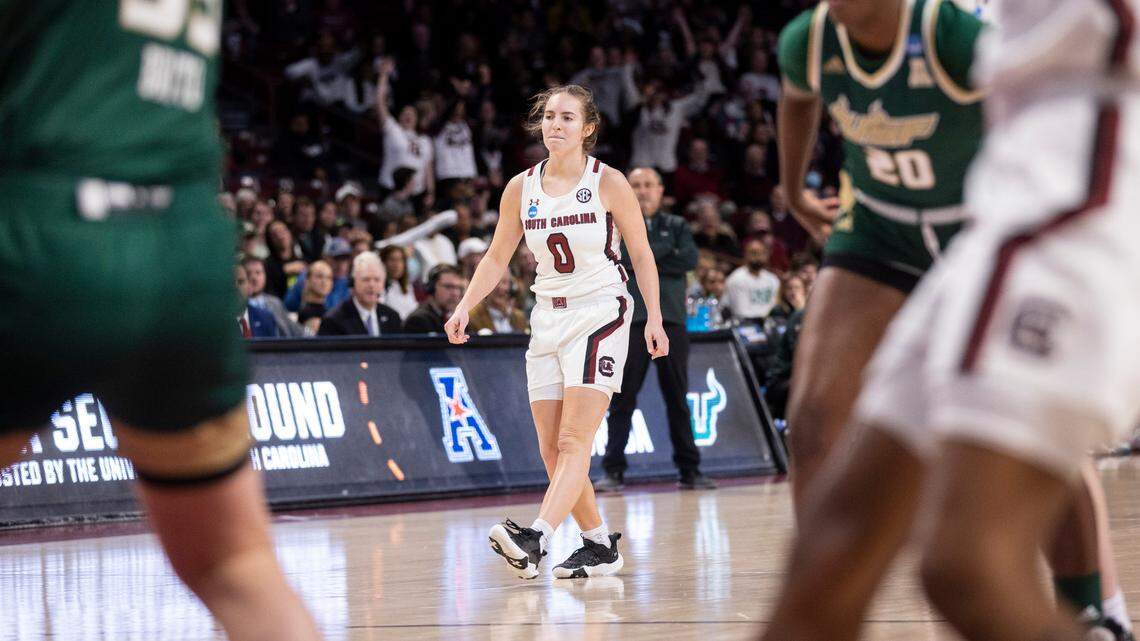 South Carolina Gamecocks guard Olivia Thompson (0) backs up after hitting a three pointer in the finals seconds of the second round of the 2023 NCAA Tournament at Colonial Life Arena in Columbia on Sunday, March 19, 2023.
