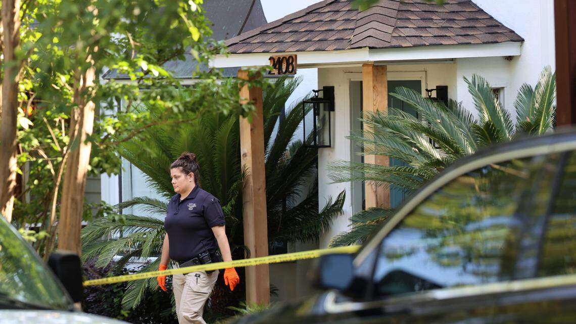 A law enforcement official leaves an Airbnb at 2408 Lincoln on Friday, June, 6, 2025. There was a shooting at the house earlier in the morning, leaving three people injured and one dead.