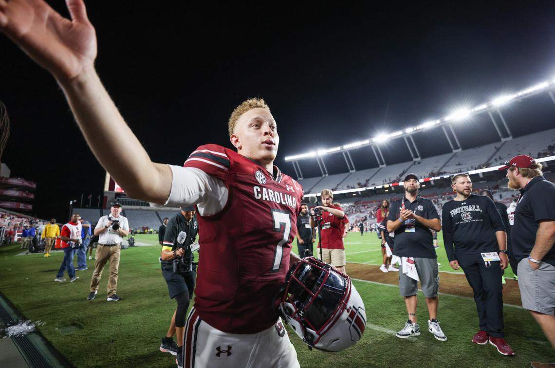 South Carolina quarterback Spencer Rattler (7) greets fans following the Gamecocks’ game at Williams-Brice Stadium in Columbia on Saturday, September 23, 2023.