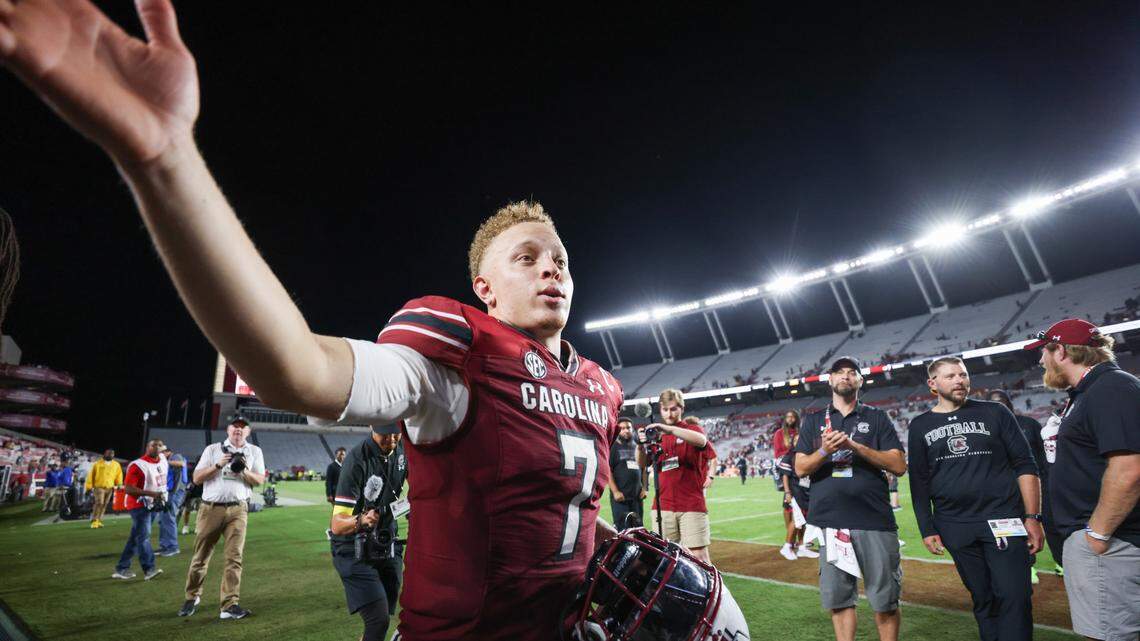 South Carolina quarterback Spencer Rattler (7) greets fans following the Gamecocks’ game at Williams-Brice Stadium in Columbia on Saturday, September 23, 2023.