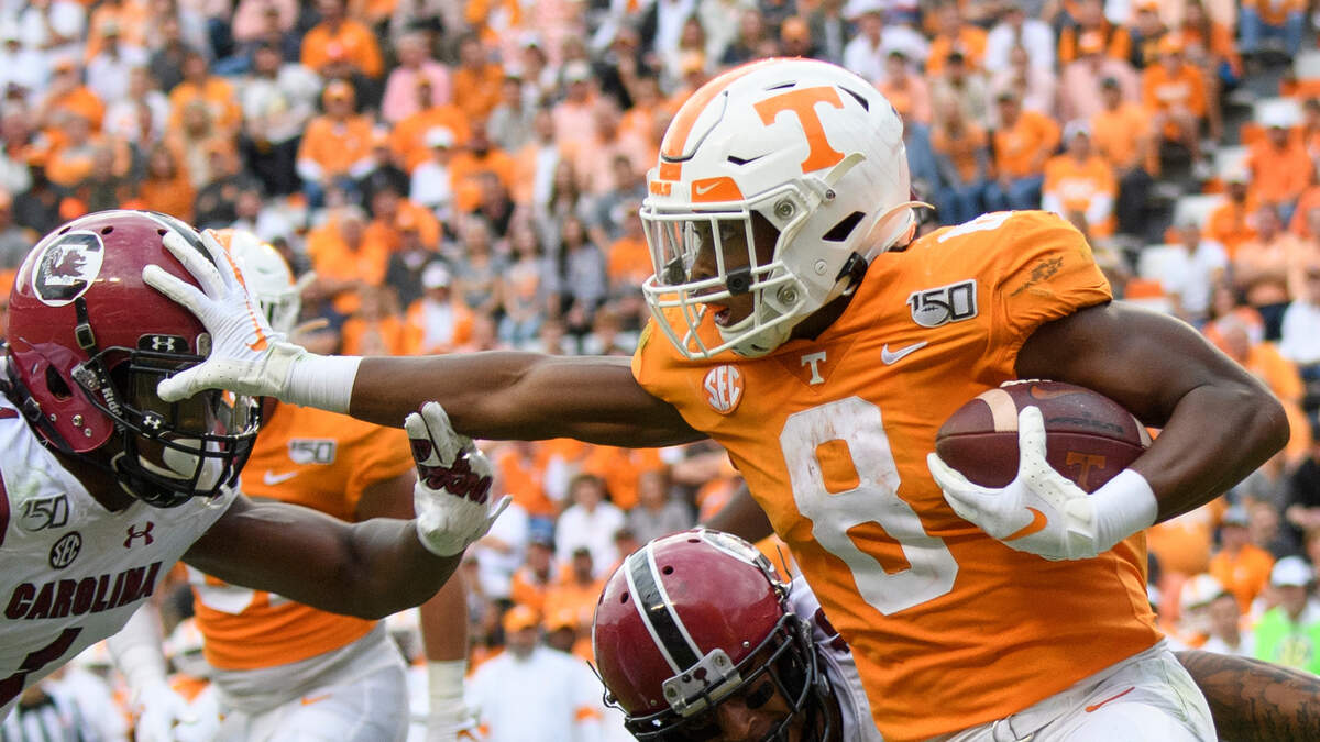 South Carolina Gamecocks defensive back Jaycee Horn (1) puts pressure on Tennessee Volunteers running back Ty Chandler (8) during the second quarter of the South Carolina Gamecocks at Tennessee Volunteers college football game in Knoxville, Tennessee October 26, 2019. Photo Harrison McClary/Sideline Carolina