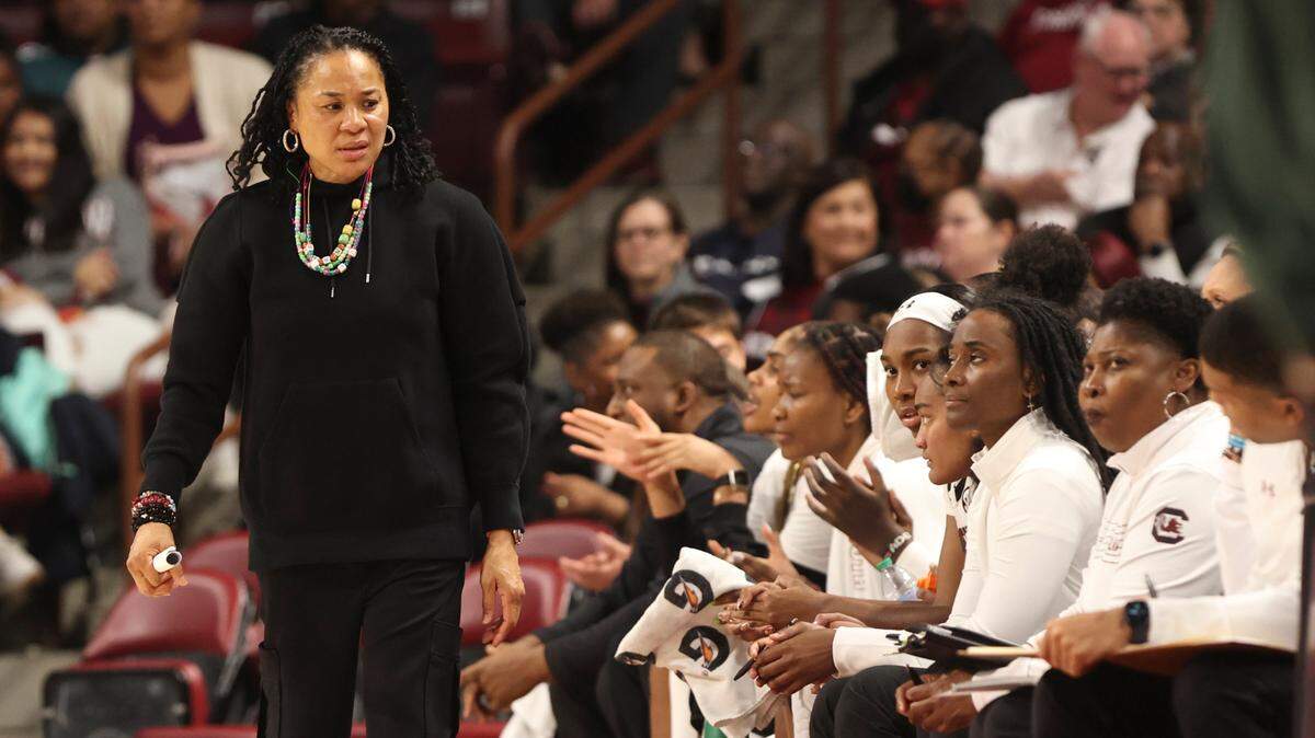 University of South Carolina head coach Dawn Staley walks the sideline during the first half of action against South Florida in the Colonial Life Arena on Sunday, Dec. 15, 2024