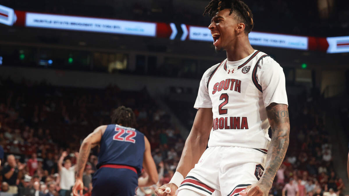 South Carolina Guard Zachary Davis (2) plays SC State at Colonial Life Arena on Friday, November 8, 2024.