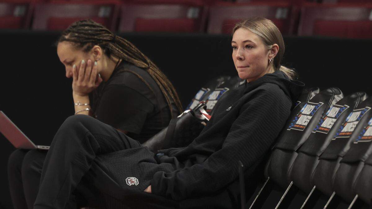 South Carolina’s Chloe Kitts watches from the bench during USC’s practice on Friday, March 20, 2026, before their NCAA Tournament first-round game against Southern University at Colonial Life Arena.
