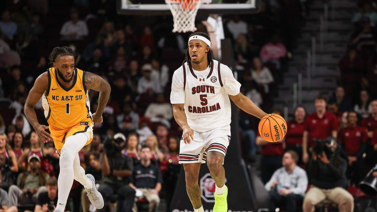 South Carolina guard Meechie Johnson (5) brings the ball up the court during the second half of action of the men's basketball game against North Carolina A&T at Colonial Life Arena on Tuesday, Nov. 4, 2025.