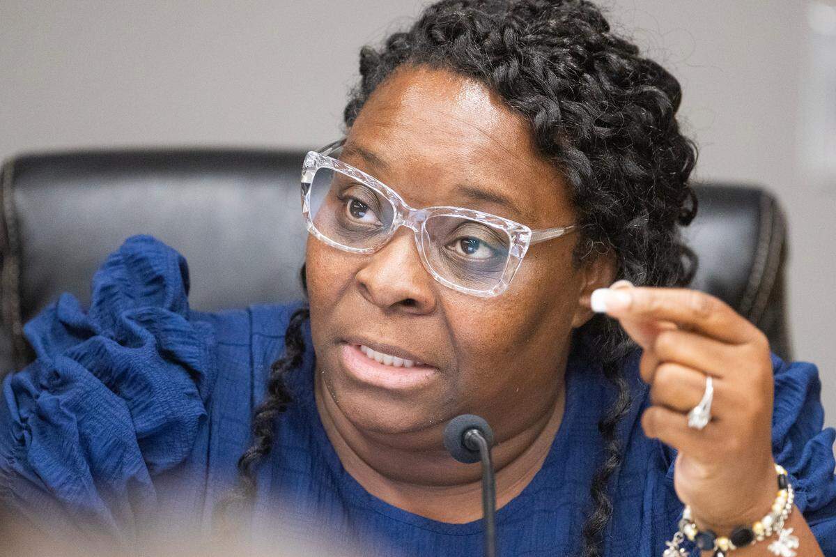 Commissioner Cheryl Harris speaks during a meeting of the Richland 1 School Board on Wednesday, July 10, 2024.