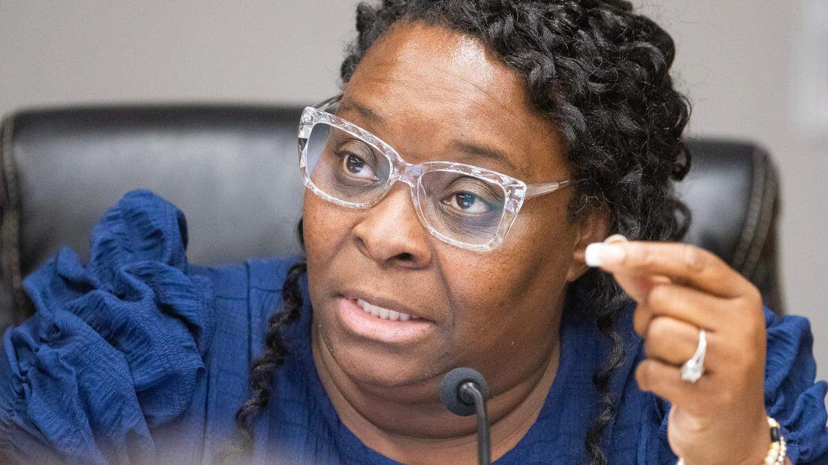 Commissioner Cheryl Harris speaks during a meeting of the Richland 1 School Board on Wednesday, July 10, 2024.