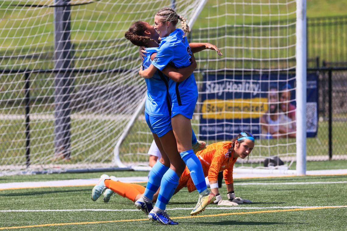 Chapin’s Mayson Donohue (3) and Grace Benson (20) celebrate scoring against Eastside in the 2025 Class 5A Division II State Soccer Championship at Memorial Stadium in Columbia, South Carolina on Saturday, May 24, 2025.