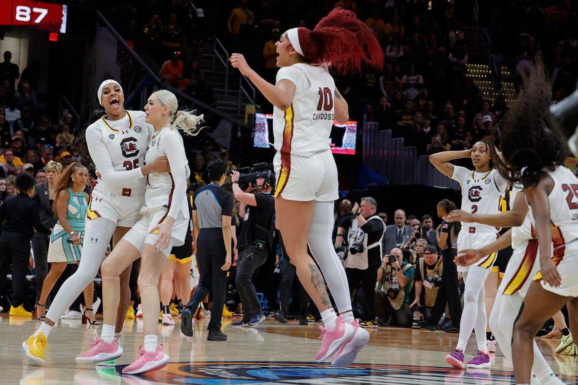 The Gamecocks celebrate winning the National Championship against Iowa at the Rocket Mortgage FieldHouse in Cleveland on Sunday, April 7, 2024.