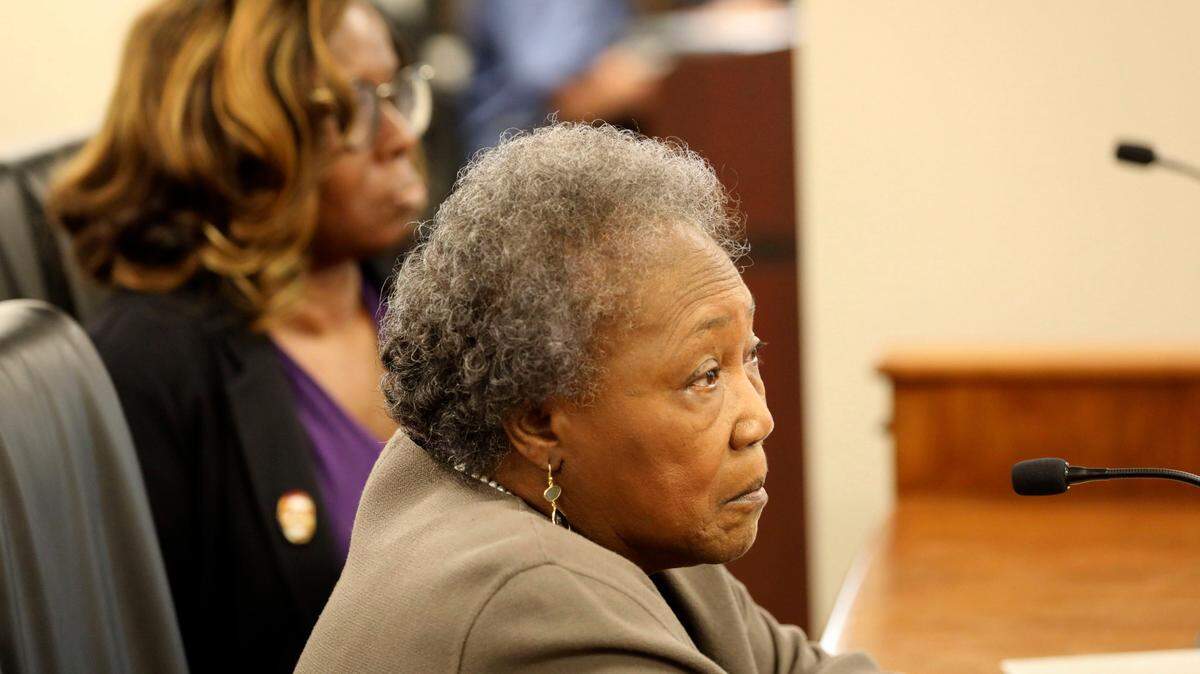 Emanuel AME shooting survivors Felicia Sanders, rear, and Polly Sheppard, front, speak during a South Carolina Senate subcommittee hearing on a hate crimes bill, Tuesday, March 28, 2023, in Columbia, S.C. (AP Photo/Jeffrey Collins)