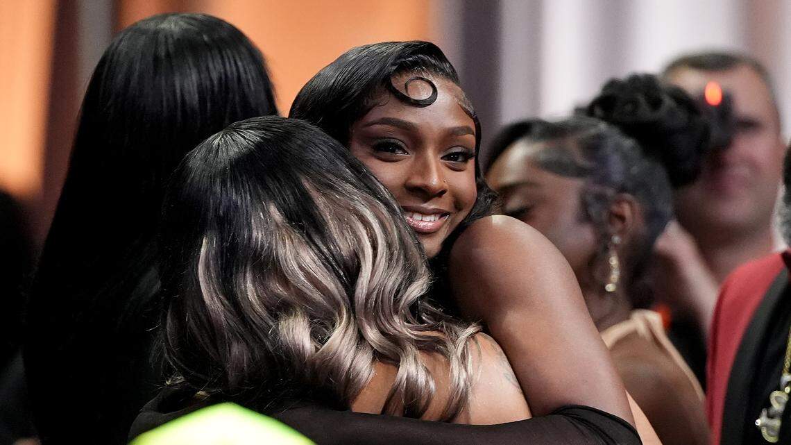 Ta’Niya Latson of South Carolina celebrates Monday after being selected with the 20th pick in the second round by the Los Angeles Sparks during the 2026 WNBA Draft at The Shed in New York City.