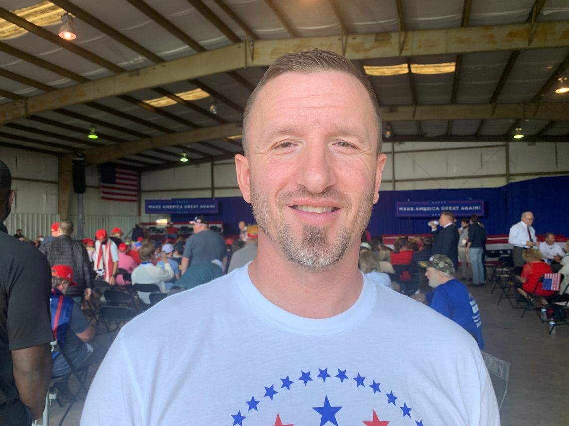 James Lollis, 44, of Greer, attended Vice President Mike Pence’s rally in Greenville on Tuesday, Oct. 27, 2020, with his two children.