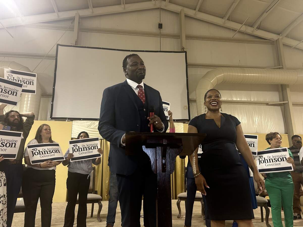 Democratic primary winner Jermaine Johnson tears up as supporters cheer for him at his election result watch party at a church in Hopkins, S.C. District 52’s state House seat will go to Malcolm Taylor after Johnson did not seek reelection, according to unofficial results.