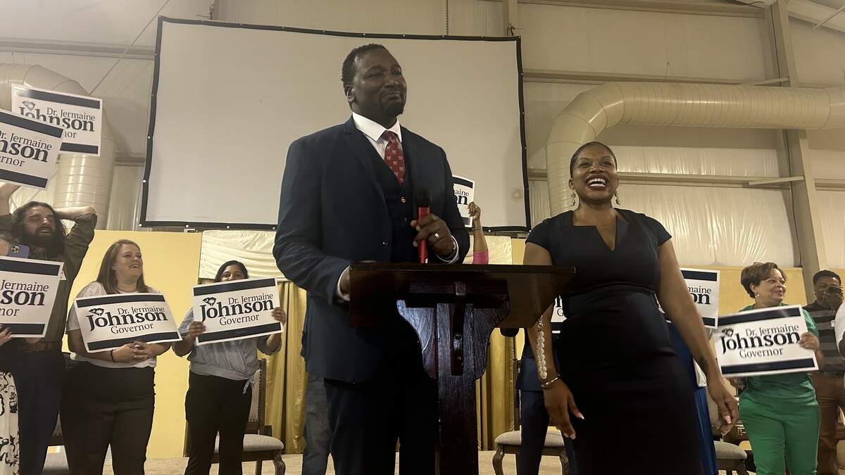 Jermaine Johnson, who won the Democratic primary for governor, tears up as supporters cheer for him at his election result watch party at a church in Hopkins, S.C. District 52’s state House seat will go to Malcolm Taylor after Johnson did not seek reelection, according to unofficial results.